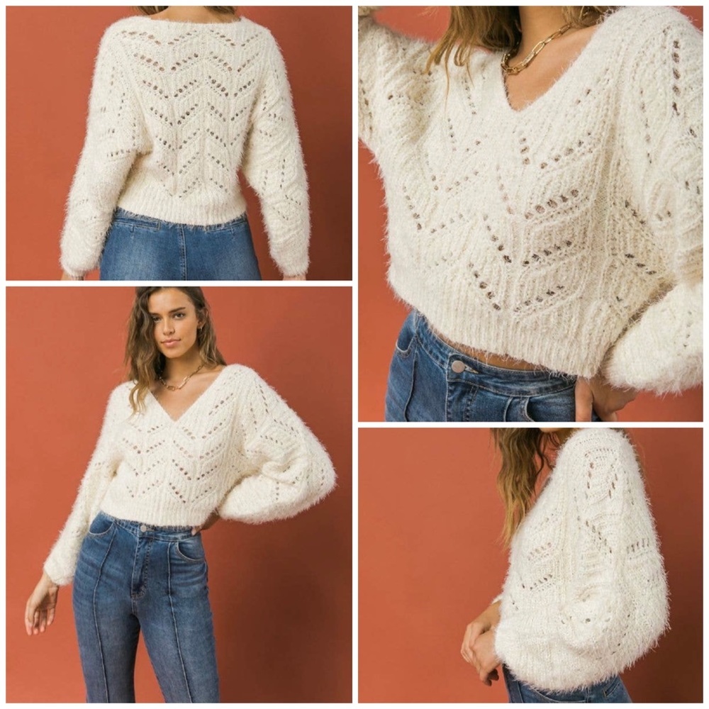 Flying Tomato Beige Eyelash Cropped Sweater